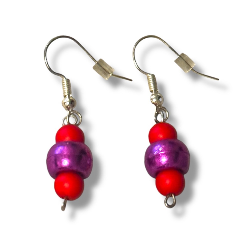 3 FOR $10 HANDCRAFTED Fuchsia Pony & Acrylic Matte Red Beaded Earrings
